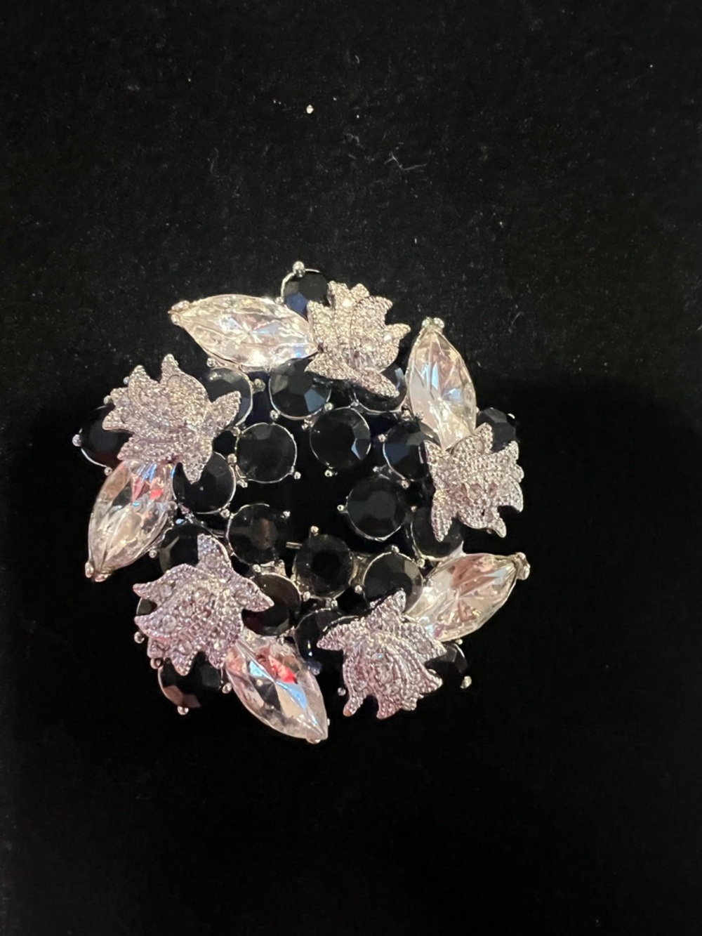 Silver & Black Crystal Floral Brooch - Women's Jewelry